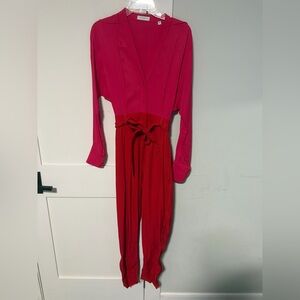 Equipment Two-Tone Pink and Red V-Neck Jumpsuit with Tie Waist